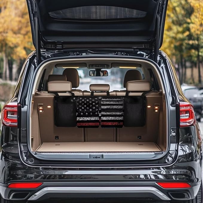 American Flag Camo Car Trunk Organizers, 37.1" x 11.8" Backseat Hanging Organizer with 4 Large Storage Bag, Waterproof Car Organizer with Adjustable Strap, Road Trip Large Capacity Bag