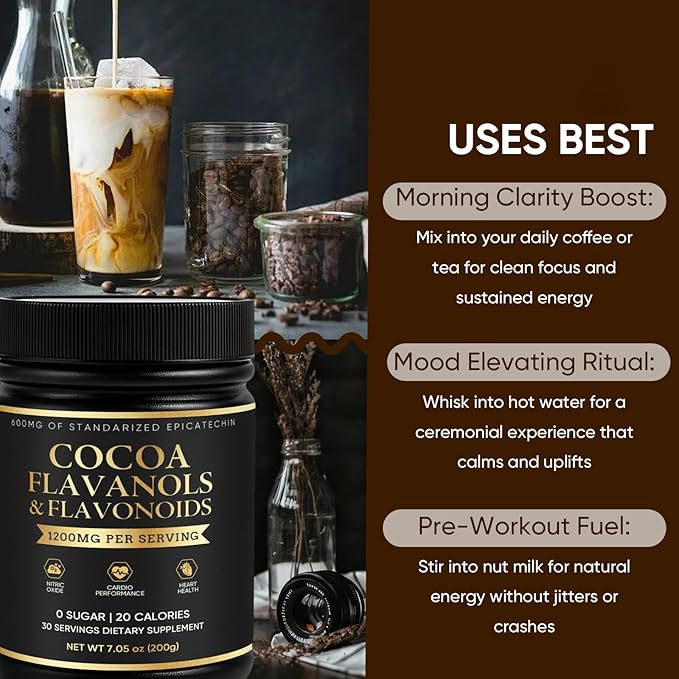 High Flavanol Cacao Powder, with 1200mg Flavanols & Epicatechin Blend for Supports Circulation, Energy Boost & Elevate Mood, Supports Heart Health & Brain Function, Gluten Free, Vegan, 200g