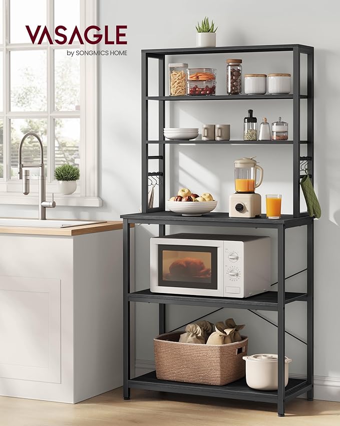 VASAGLE Coffee Bar, 31.5 Inches Baker's Rack for Kitchen with Storage, 6-Tier Kitchen Shelves with 6 Hooks, Microwave Stand, Industrial, Charcoal Gray and Ink Black UKKS019B22