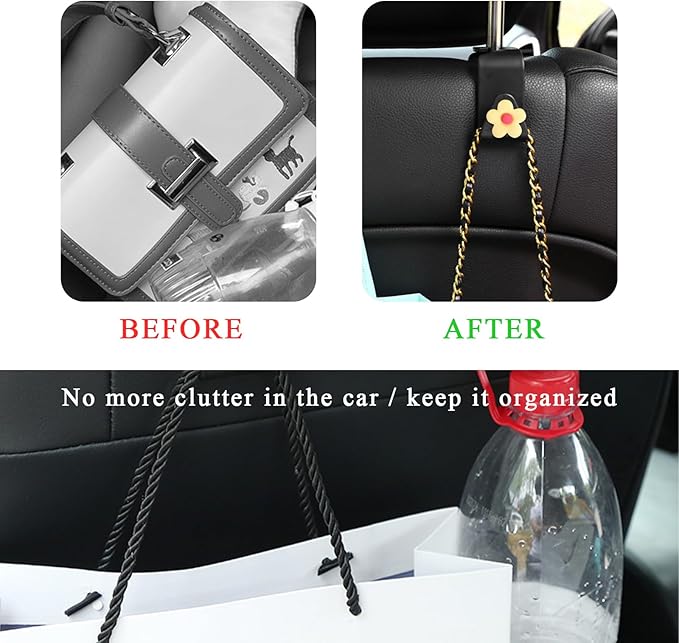 4 PCS Car Seat Headrest Hook, Plastic Headrest Hooks with Adhesive Flower, Auto Back Seat Hanger Storage Hook for Grocery Bag Purse Handbag Umbrella, Car Accessories (Light Yellow)