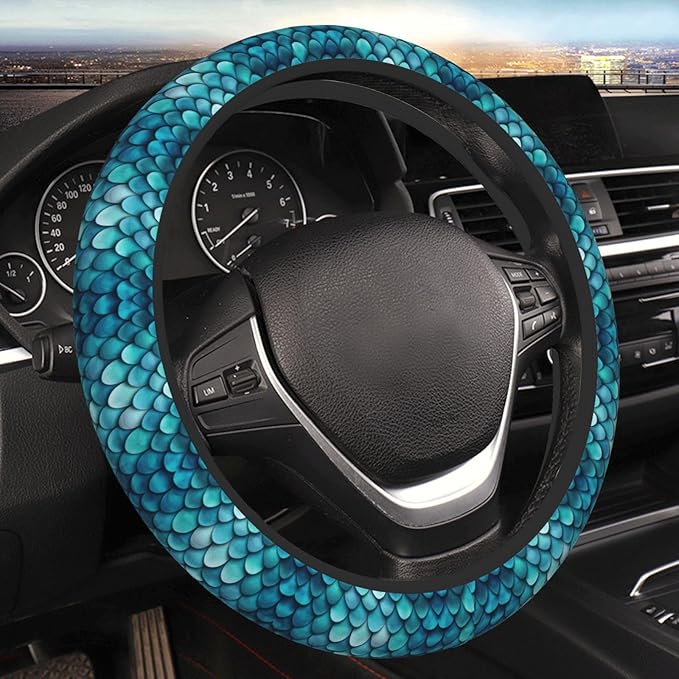 Blue Teal Mermaid Fish Scales Art Car Steering Wheel Cover, 15 Inch Steering Wheel Cover Stylish Decor for Most Cars