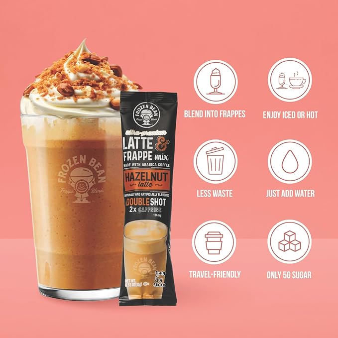 The Frozen Bean Hazelnut Frappe & Latte Instant Mix (20 Sticks), Made with Arabica Coffee, Double Shot Caffeine, Low Sugar & Premium Ingredients, Hot, Iced, or Blended Drinks