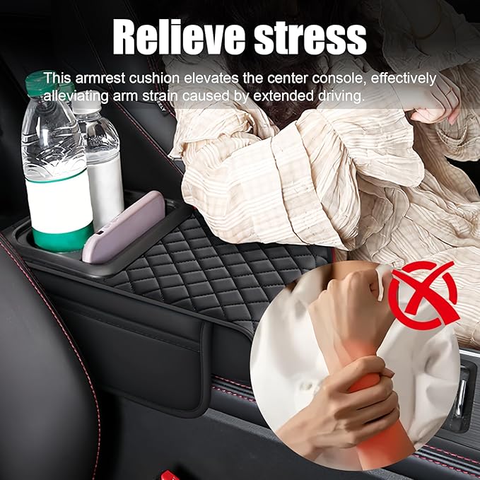 Car Center Console Armrest Cushion, Memory Foam Ergonomic Car Arm Rest Cushion with Cup Holder & Phone Storage& 2 Sided Pockets, Waterproof Leather Armrest Box Protector, 13.78" x 7.78" (Black)