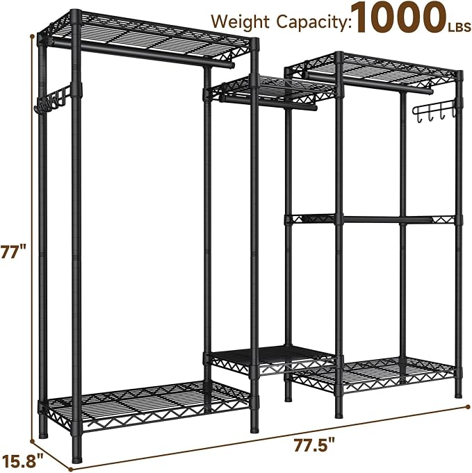 Golpart Heavy Duty Garment Rack Clothes Rack,Large Metal Closet Organizer System Storage Wardrobe,Freestanding Clothing Rack Black 15.75" D x 77.5" W x 77" H