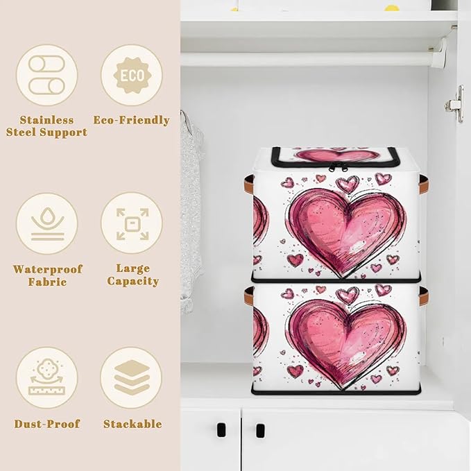 Pink Heart Storage Bins With Zipper Lid, Collapsible Trunk Organizer, Car Organizers and Storage Bins with Lids, Valentine‘s Day Decorative Storage Boxes with Handle, Home Storage Baskets