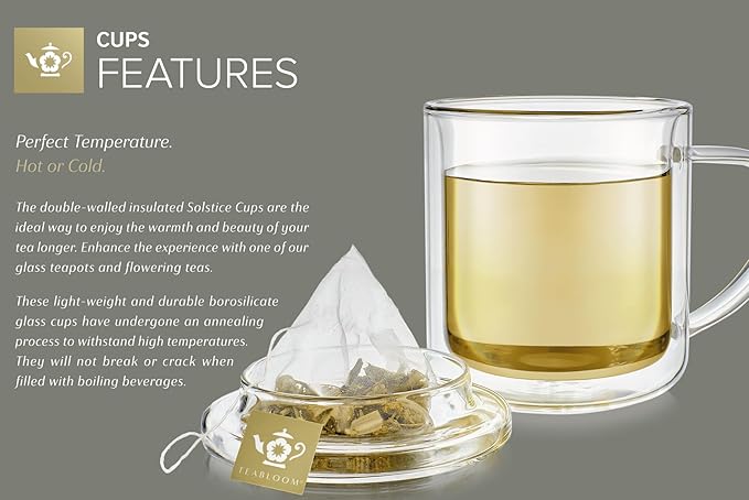 Teabloom Double-Wall Glass Cups with Lids – Set of 2 Insulated 8 oz Borosilicate Glass Mugs, Lead-Free & Plastic-Free, Pure Taste, Temperature-Retention, Dishwasher/Microwave Safe