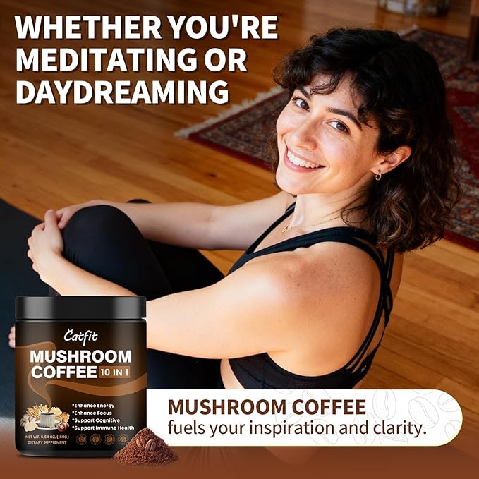 Catfit Instant Mushroom Coffee Powder, 10-in-1 Adaptogen Blend with Lion's Mane, Chaga & Cordyceps for Energy, Focus, Gut Health & Immune Support -50 Servings