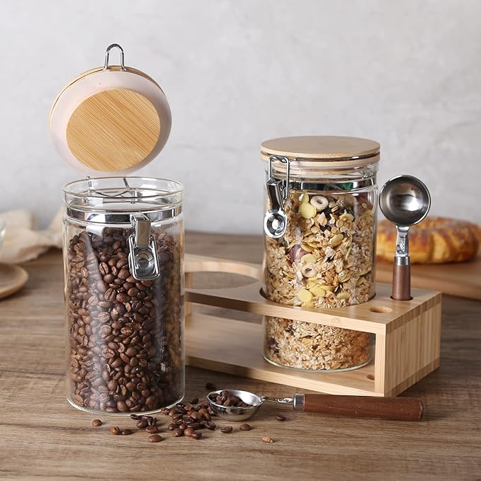 Glass Protein Powder Container Set, 40oz Airtight Collagen Storage Jars with Bamboo Lids & 1 TBSP Measuring Spoons (2 Pack) - Wide Mouth Aesthetic Countertop Dispenser Organizer for Kitchen