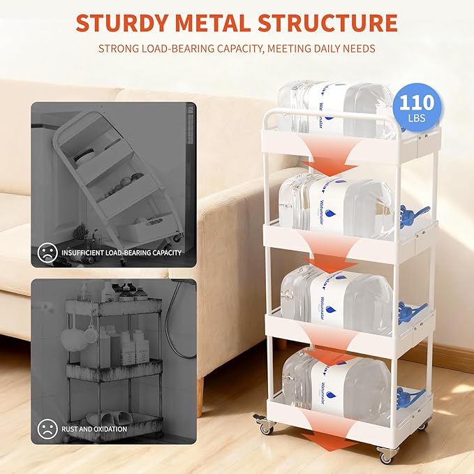 HOTEAGLE 4-Tier Rolling Cart Metal Expandable Utility Carts with Wheels, Ideal Storage Organizer for Livingroom, Bedroom, Kitchen and Bathroom, White