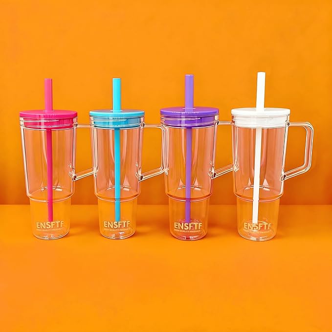 40oz Insulated Blue Tumbler with Handle and Lid & Straw, Reusable Travel Mug for Clod and Hot Drinks, Double-Wall Plastic Water Bottle,Crystal-Clear,Car Cup Holder Fit, Leakproof,BPA-Free