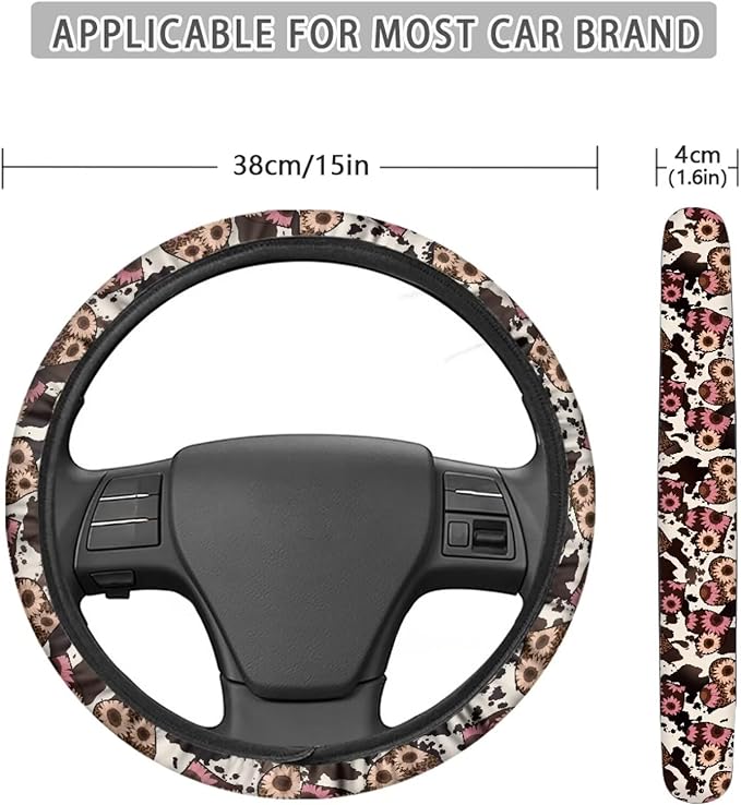 Universal Non-Slip Steering Wheel Cover, 15-inch Polyester Material Driving Accessories, Adjustable for Car and Truck(Sunflower Heart Leopard Print)