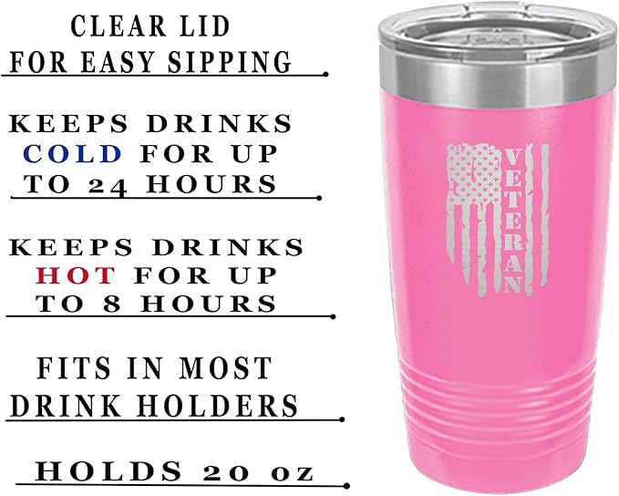 Rogue River Tactical USA Flag Veteran 20 Oz. Travel Tumbler Mug Cup w/Lid Vacuum Insulated Hot or Cold Military Vet Gift (Pink)