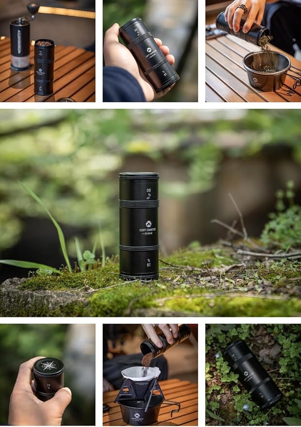 CAMPINGMOON 2-Layer Portable Coffee Bean Storage Canister Airtight Duralumin Coffee Travel Container Camping Lightweight Slim Mini Tea Caddy CNC Machined Metal Spice Jar Black S15g 30g CC-50-BK