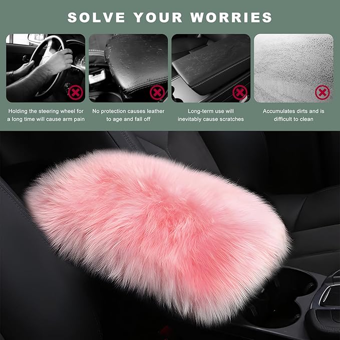 Furry Car Center Console Cover Pad, 11.8"×7.9" Auto Fluffy Plush Center Armrest Protective Cover, Comfortable Fuzzy Armrest Seat Box Protector Cushion for Cars Trucks SUVs (Light Pink)