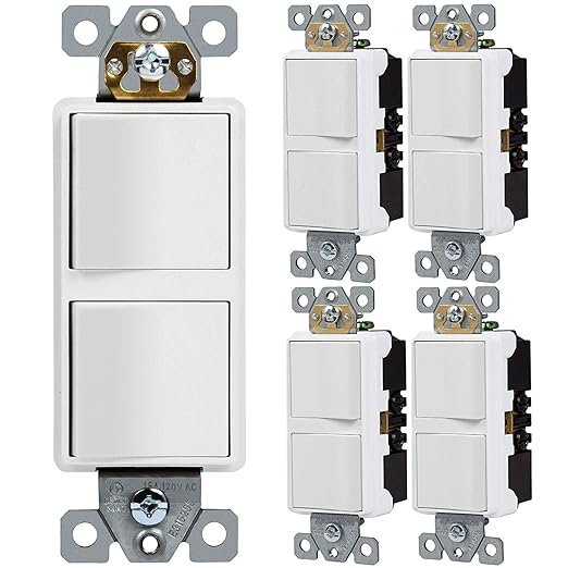 ENERLITES Double Paddle Rocker Decorator Switch, Gloss Finish, Clamp-Type Wiring, Copper Wires Only, Single Pole, Residential/Commercial Grade, 15A 120-277VAC, 62834-W-5PCS, White, 5 Pack