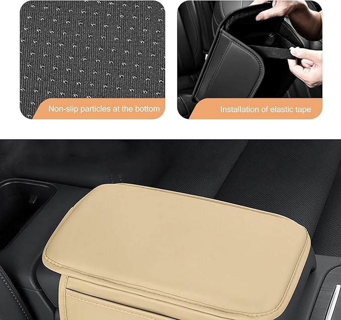 Car Center Console Cover, Car Leather Armrest Pad with 2 Storage Pockets, Center Console Anti-Scratch Booster Cushion, Universal Console Protector for Most Cars, SUVs and Trucks (Beige)