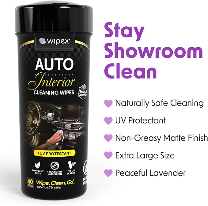 Wipex Auto Interior Car Cleaning Wipes - Plant Based Car Wipes - Lavender Essence, UV Protectant, Safe for Vinyl, Rubber, Plastic, Leather, Chrome, Non-Greasy Matte Finish, 40 Count (Pack of 6)