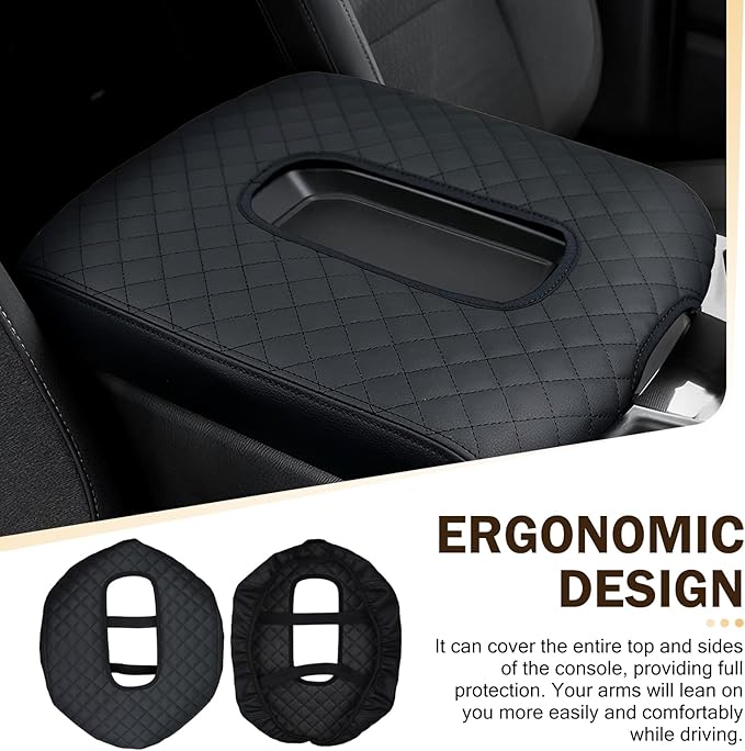 Car Center Console Cover, Leather Embroidery Car Armrest Cover Cushion, Original Size Jump Seat Console Armrest Cover with Straps, Armrest Protector for 2019-2024 Chevy Silverado (Black)