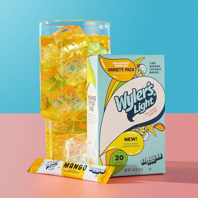 Wyler's Light Singles to Go Powder Packets,Water Drink Mix,Variety Packs,Lime,Banana,Coconut,Mango,Watertok Base Flavors,Sugar & Caffeine Free,On-The-Go, 20 Count (Pack of 2)
