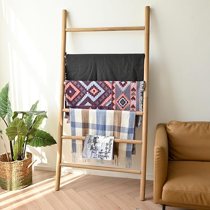 FUIN 6.4ft Extra Wide Wood Blanket Ladder Living Room Decorative Wall Leaning Farmhouse Quilt Display Holder Rustic Wooden Towel Rack for Bathroom, Brown, 38 inch Wide