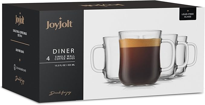 JoyJolt Glass Coffee Cups - 15.5oz Diner Coffee Mug Set of 4. Clear Coffee Mugs, Cappuccino & Latte Glasses