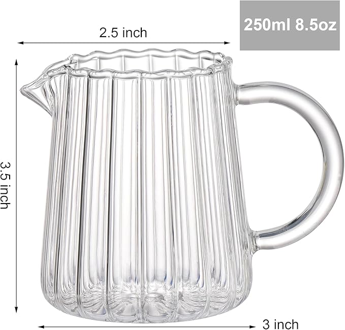 Yarlung 4 Pack Small Glass Pitcher, 8.5 Oz Clear Milk Creamer Pitcher with Handle, Creative Milk Frothing Coffee Pitcher for Table Serving, Salad Sauce