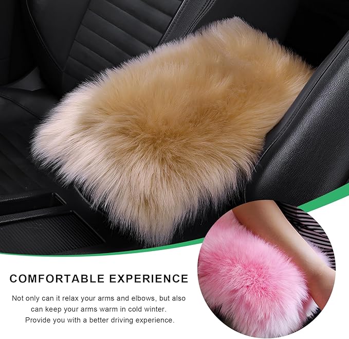 Furry Car Center Console Cover Pad, 11.8"×7.9" Auto Fluffy Plush Center Armrest Protective Cover, Comfortable Fuzzy Armrest Seat Box Protector Cushion for Cars Trucks SUVs (Light Camel)