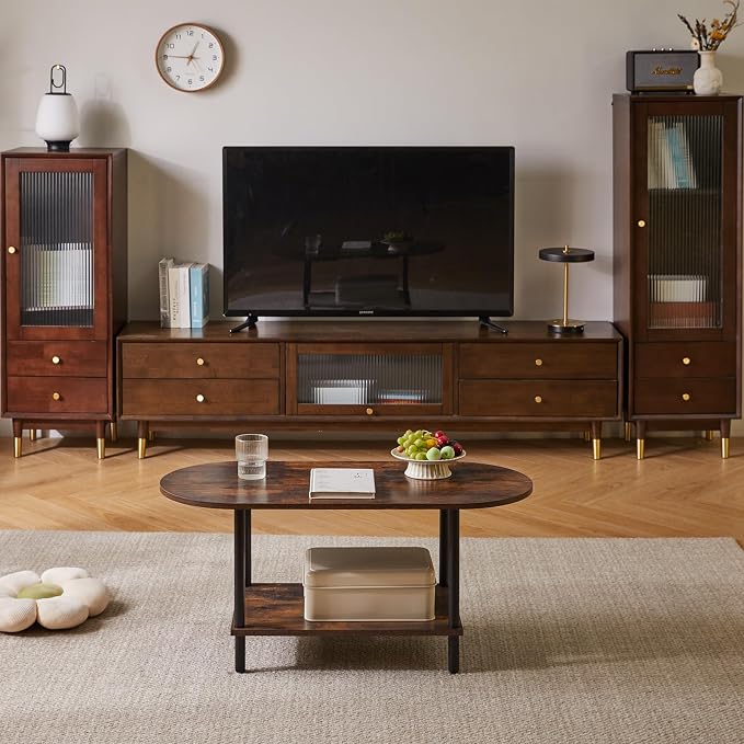 Aibiju Rustic Coffee Table Small Coffee Table, TV Centre Table Stand 35 * 16 * 17", 2-Tier Oval Wood Tea Table for Living Room Apartment Rustic Brown YD-012H