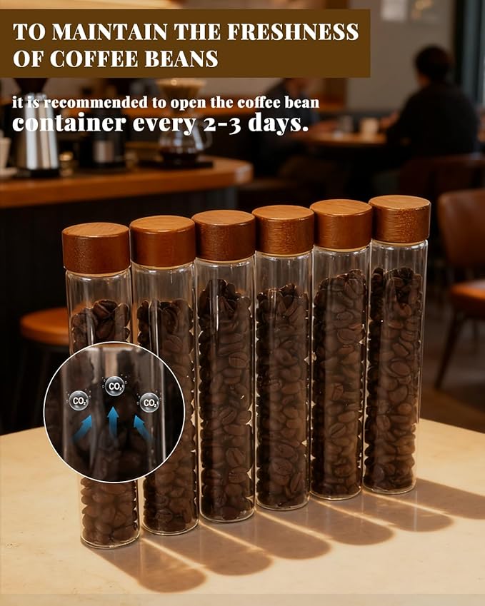 Coffee Bean Storage Tubes Refill Pack – 6pcs 80ml Airtight Glass Coffee Bean Container with Bamboo Lids for Single Dose Storage, Replacement Tubes for Barista