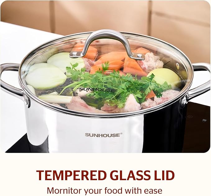 Sunhouse Stock Pot with Lid - 7 QT Large Pot for Cooking Pasta, Soup, Spaghetti - Impact Bonding Base Big Stainless Steel Pots for Canning, Boiling - Oven Safe & Induction Compatible Cookware