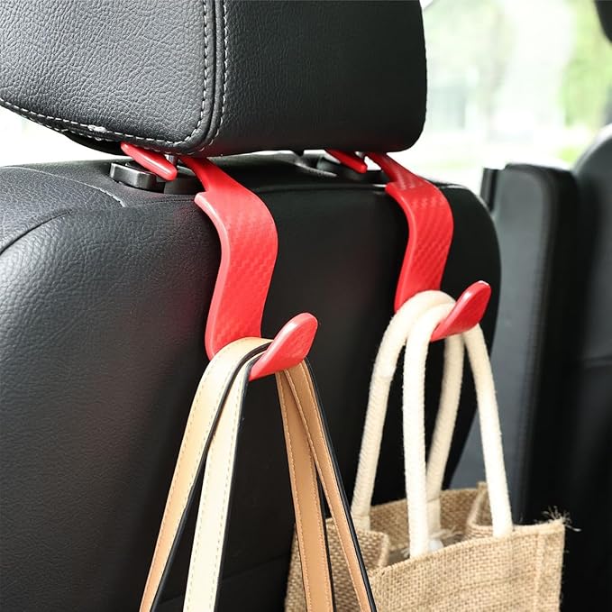 Car Seat Headrest Hook, 4 Pack Auto Seat Hanger Storage Organizer for Purse Handbag Coats Grocery Bags, Car Interior Accessories, Universal Vehicle Backseat Plastic Hanging Hook (Red)