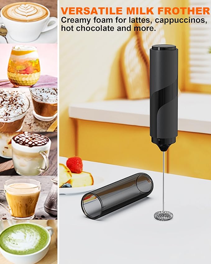 Handheld Milk Frother with Cover, Battery Operated Drink Mixer Handheld Easy to Carry Electric Frother Wand For Coffee, Latte, Cappuccino, Frappe Drink, Hot Chocolate, Black