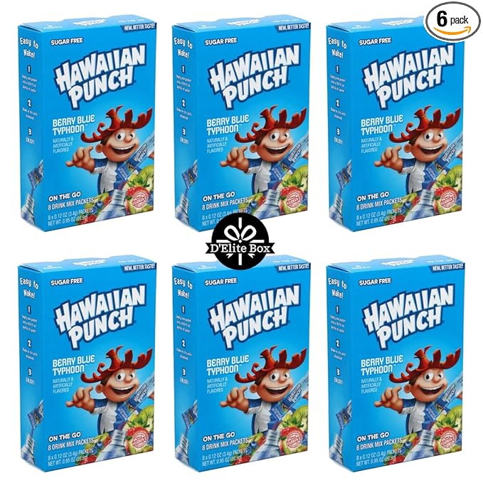 Hawaiian Punch Sugar-Free Berry Blue Powdered Drink Mix 6 Count of 8 packets each for Total 48 Sticks bundle packaged by D'Elite Box