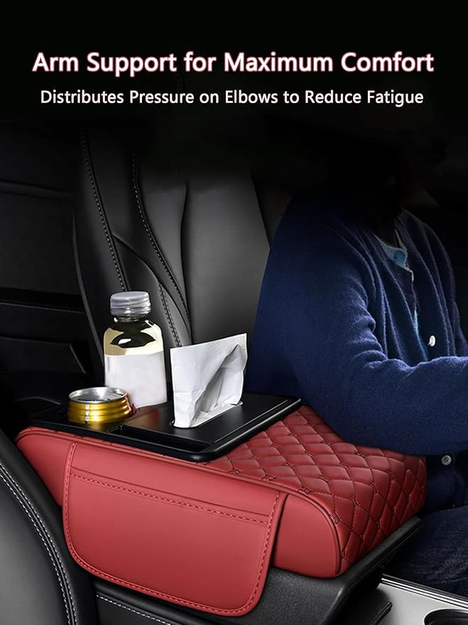 Car Center Console Cover for Toyota Crown Signia – 5-in-1 Leather Armrest Cushion Pad with 2 Storage Bags, Holds Cups, Phone, Tissues, Car Interior Accessory,C Red