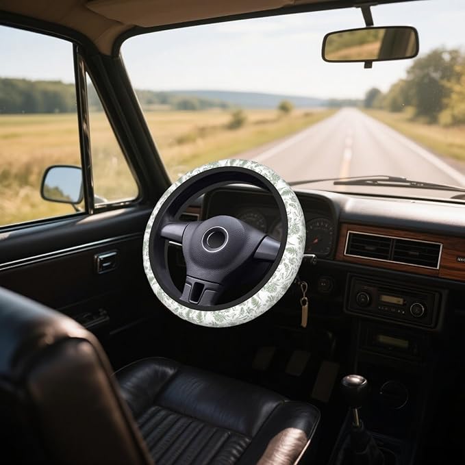 Steering Wheel Cover Accessories Neoprene Cover, Breathable Non-Slip Easy to Install Suitable for Women Men, 14.5-15.5 Inch for Car SUV Van Truck Universal - Green Plants