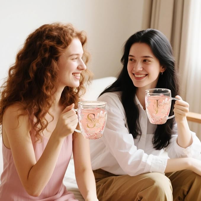 Gifts for Women Stocking Stuffers for women Flower Double Wall Glass Coffee Mug Initial Tea cup Monogrammed Customized Birthday Valentine Wedding Christmas Gift for Mom Wife Friends Sister Birde (J)