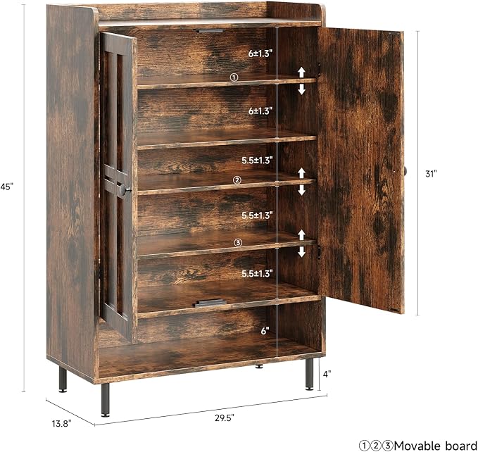 ONBRILL Shoe Storage Cabinet with Cross Molding Doors, 6-Tier Shoe Cabinet with 3 Adjustable Shelves and Metal Legs, 45 Inch Tall Shoes Rack Organizer for Entryway, Front Door, Rustic Brown