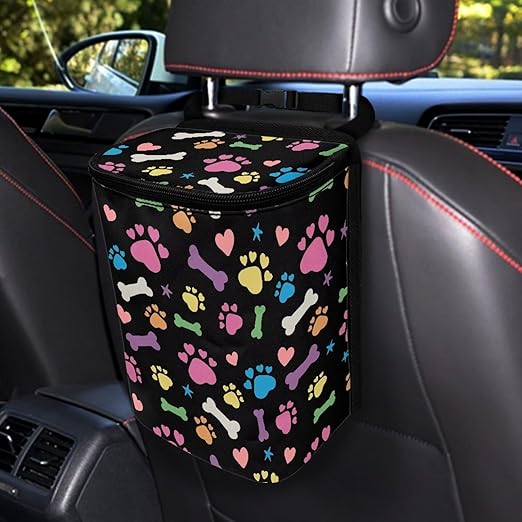 Colorful Dog Paw Print Car Trash Can Leak Proof Vehicle Trash Can for SUV Truck Van Easy to Install Automotive Garbage Cans Fashion Interior Accessories Universal Fit Most Cars SUV