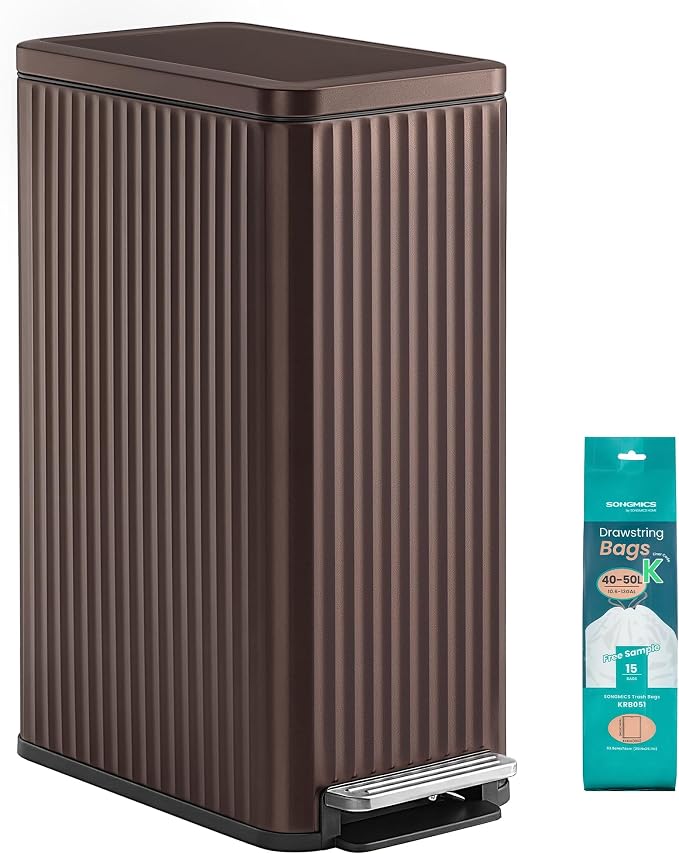 SONGMICS Trash Can, 13 Gallon (50 L) Slim Garbage Can for Kitchen, with Soft-Close Lid, Pedal, Removable Inner Bucket, Stainless Steel, 15 Trash Bags, Space-Saving, Brown ULTB350MZ01