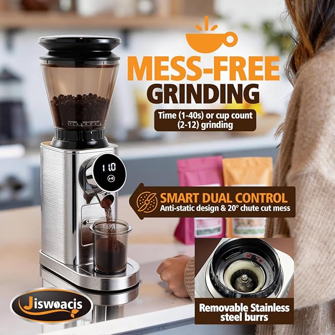 Burr Coffee Grinder, Electric Conical Coffee Bean Grinder With 48 Grind Settings Anti-static Burr Mill, Precision Electronic Timer, for Espresso/Drip/Cold Brew/French Press, Stainless Steel, Silver