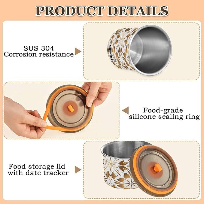 ALAZA Gold Geometric Flower Floral Kitten Cats Airtight Coffee Bean Canister Customed 900ml Food Storage Containers with Lids For Gournd, Tea, Sugar, Flour, Rice, Cereal, Candy Cookie Jar