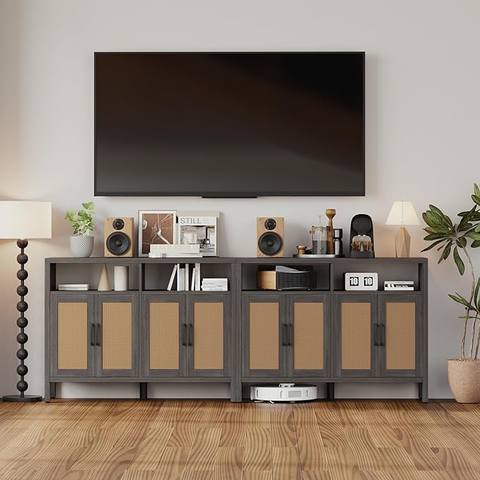 Mericonia Rattan Buffet Cabinet with Storage, Sideboard with Doors, Console Table, Farmhouse Coffee Bar, Modern Wood Storage Cabinets TV Stand(Brown Black 2.0)