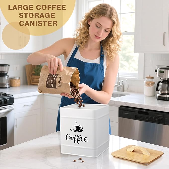 Maxdot 40 oz Coffee Container White Airtight Coffee Canister Large Iron Farmhouse Container with Wooden Bamboo Lid Tea Storage Canisters for Kitchen Countertop Grounds Beans Pods Housewarming Gifts