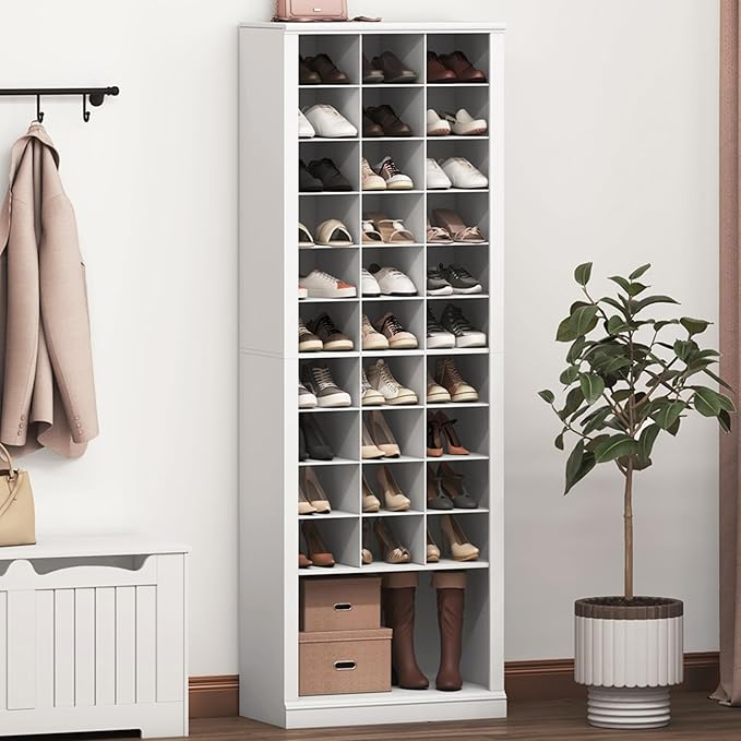 Hzuaneri 11 Tiers Shoe Storage Cabinet, Tall Shoes Cabinet with Cubby, Freestanding Wooden Shoe Organizer, 30-33 Pairs, Shoes Cubby Organizer for Entryway, Bedroom, White 02001BSR
