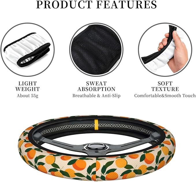 Oranges Green Leaves Steering Wheel Cover for Women Men Girls, Car Accessories Decor Thickened Anti-Slip Auto Steering Wheel Covers Protector Universal Fit 15 Inch for Cars, Truck, SUV
