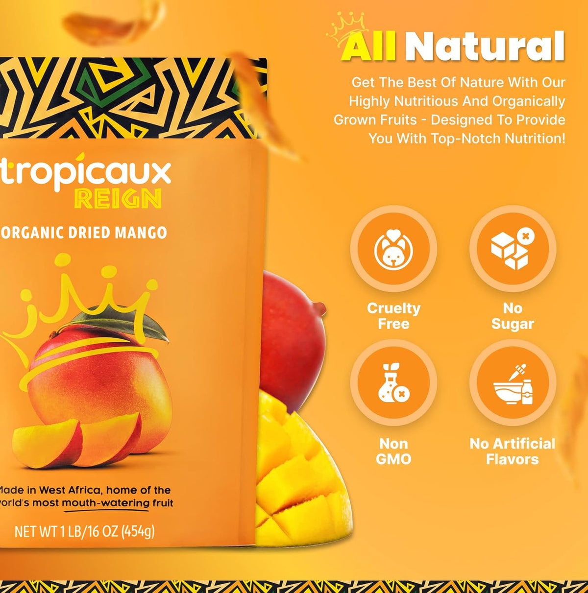 Organic Dried Mango Slices, No Sugar Added, 16oz - All-Natural, Non-GMO, Mouth-Watering Dried Mangoes - Preservative-Free, Nutritious & Delicious Snack for Kids and Adults by Tropicaux Reign