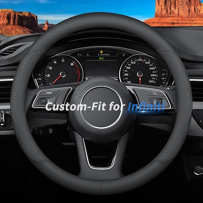 Custom-Fit for Infiniti Steering Wheel Cover, Premium Leather Car Steering Wheel Cover with Logo, Non-Slip, Breathable, for Infiniti Accessories (B-Style,for Infiniti)