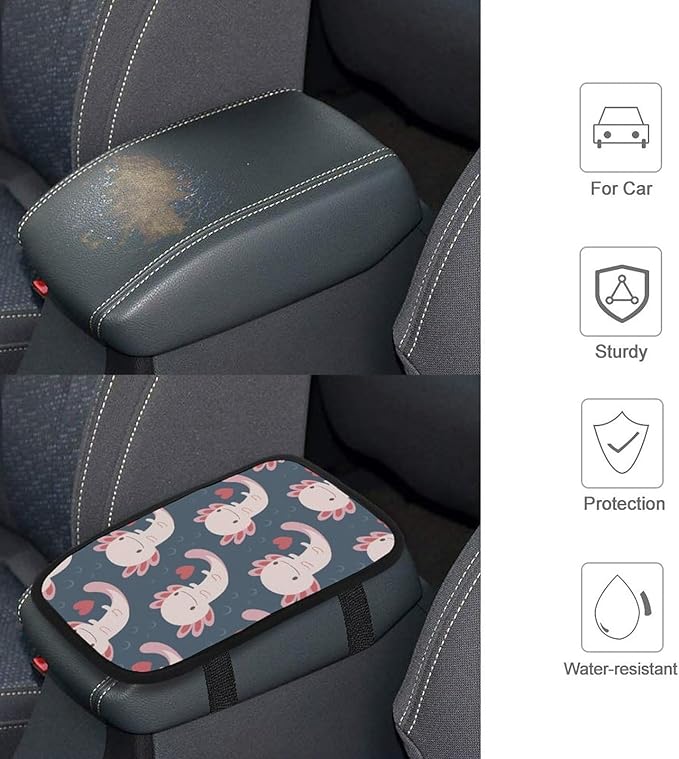 Axolotls Car Center Console Cushion Pad,Waterproof Armrest Seat Box Cover Protector,Comfortable Car Decor Accessories Fit for Most Cars, Vehicles, SUVs