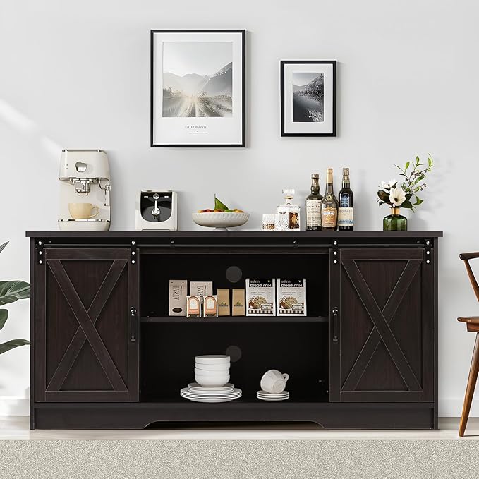 4 EVER WINNER Farmhouse Coffee Bar Cabinet, 59" Large Kitchen Storage Cabinet with Sliding Barn Doors, Buffet Cabinet with Storage Cupboard for Kitchen, Dining Room, Espresso