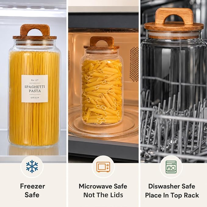 2 Pack Large Glass Flour and Sugar Containers with 132 Pantry Labels - 105 FL OZ Glass Canisters with Bamboo Airtight Lids - Farmhouse Kitchen Glass Pantry Jars for Cookie, Rice, Pasta, Cereal, Salt